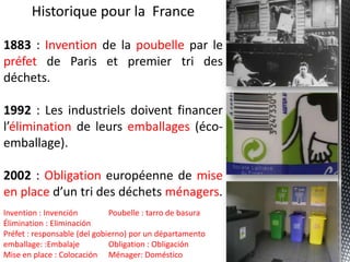 Historique pour la  France1883 : Invention de la poubelle par le préfet de Paris et premier tri des déchets.1992 : Les industriels doivent financer l’élimination de leurs emballages (éco-emballage).2002 : Obligation européenne de mise en place d’un tri des déchets ménagers.Invention : Invención	Poubelle : tarro de basuraÉlimination : Eliminación	Préfet : responsable (del gobierno) por un départamentoemballage: :Embalaje	Obligation : ObligaciónMise en place : Colocación	Ménager: Doméstico