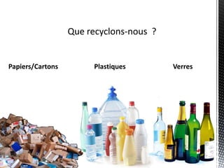 Que recyclons-nous  ?VerresPlastiquesPapiers/Cartons