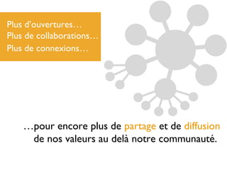 Plus d’ouvertures…
Plus de collaborations…
Plus de connexions…
…pour encore plus de partage et de diffusion
de nos valeurs au delà notre communauté.
 