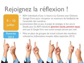 Rejoignez la réflexion !
9 – 10
juillet
• RDV individuels d’une ½ heure à La Cantine avec Clément
• Google Form pour récupérer un maximum de feedbacks de
l’ensemble des membres
La présentation faite ce jour, le projet de stratégie, le lien vers le
Doodle pour les RDV individuels (premiers inscrits, premiers reçus),
ainsi que le Google Form vous seront envoyés demain par mail.
Rentrée
2013
• Mise en place de groupes de travail incluant des membres
volontaires (informations envoyées début septembre 2013)
 