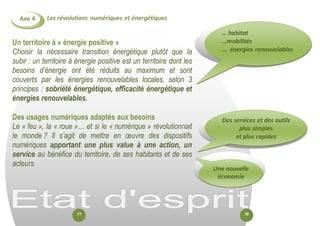 Les révolutions numériques et énergétiques 
Axe 4 
Un territoire à « énergie positive » 
Choisir la nécessaire transition énergétique plutôt que la subir : un territoire à énergie positive est un territoire dont les besoins d’énergie ont été réduits au maximum et sont couverts par les énergies renouvelables locales, selon 3 principes : sobriété énergétique, efficacité énergétique et énergies renouvelables. 
Des usages numériques adaptés aux besoins 
Le « feu », la « roue »… et si le « numérique » révolutionnait le monde ? Il s’agit de mettre en oeuvre des dispositifs numériques apportant une plus value à une action, un service au bénéfice du territoire, de ses habitants et de ses acteurs. 
Des services et des outils plus simples 
et plus rapides 
… habitat 
…mobilités 
… énergies renouvelables 
Une nouvelle économie 
77 
78  