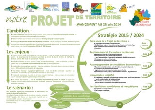 L’ambition : 
Limiter l’étalement urbain et l’effet villages dortoirs, tout en continuant d’accueillir les nouveaux arrivants, en proposant des typologies urbaines adaptées et acceptables, 
Mailler le territoire par les réseaux et services pour davantage d’équité sociale et spatiale, 
Développer des activités ancrées dans les atouts du territoire : atouts paysagers, industriels, artisanaux, agricoles,… 
Au regard des éléments diagnostic et dans l’hypothèse d’une poursuite tendancielle, le scénario démographique proposé serait d’aboutir à un objectif de population 2025 de 61 000 habitants. 
Les enjeux : 
Une ville-centre, réalité des pratiques de vie des habitants … mais un manque de synergie des acteurs publics : la dynamique de la ville-centre essentielle au devenir de tout le territoire ; le maillage du territoire comme effet levier du rayonnement d’Issoire, 
Une offre diversifiée en sport, services, culture, activités économiques… mais une pérennité qui reste à garantir ainsi qu’une lisibilité et une accessibilité pour tous qui restent à apporter, 
Une évolution démographique favorable… mais des populations à accueillir dans de bonnes conditions, avec un effort particulier en direction de la jeunesse, 
Une véritable richesse paysagère et patrimoniale … mais une attention particulière à apporter à sa préservation, sa valorisation et à l’exploitation raisonnée des ressources, 
Une activité économique diversifiée et un bassin industriel historique… mais un manque de structuration comme base d’une dynamique économique renouvelée, 
Un territoire déjà organisé … mais de nouvelles responsabilités à prendre en compte au regard des mutations à venir qu’elles soient économiques, sociétales, numériques, énergétiques ou encore juridiques, territoriales et fiscales 
Le scénario : 
Des territoires vivants en harmonie avec la ville-centre, une synergie au bénéfice de tous. 
Ce scénario s’appuie sur une prise de conscience collective qu’Issoire, 15 000 habitants, doit trouver un rayonnement régional par son articulation étroite avec son environnement. 
Inversement, la force de la ville garantira durablement la dynamique des territoires voisins. 
Stratégie 2015 / 2024 
Faire vivre le « Projet de territoire » 
 L’organisation territoriale et le partage des rôles, 
 Veille juridique, Ingénierie financière et partage d’expérience à l’échelle Pays, 
 Des coopérations extra territoriales sur des domaines ciblés, 
 Evaluation. 
Renforcement de l’armature territoriale 
 Affirmation du coeur de Pays et irrigation territoriale, 
 Reconnaissance du socle patrimoniale d’exception, 
… par l’appropriation d’une vision partagée et durable du territoire : 
 Développer une culture de l’urbanisme, 
 Développer une génération éco-citoyenne. 
Accompagnement des mutations économiques 
 Repositionnement économique du territoire dans l’organisation régionale, 
 Le soutien d’une offre économique intégrée, 
(Agriculture, tourisme, artisanat/commerce, accueil d’actifs), 
 Apprendre tout au long de la vie : épanouissement personnel… et professionnel. 
Un quotidien simplifié 
 La lisibilité et la diversité de l’offre territoriale (services, culture, sport, loisirs, éducation) 
… par la modernisation de la vie publique, 
 Mutualisation : la nécessaire co-construction 
pour un service à la population mieux adapté aux territoires. 
Les révolutions numériques et énergétiques 
 Un territoire à « énergie positive », 
 Les « usages » numériques. 
AVANCEMENT AU 28 juin 2014 
Le «maillage» du territoire 
Issoire, 
coeur du Pays 
Des «mutualisations» réfléchies préalables à une nouvelle étape d’intégration intercommunale efficace 
Axe 1 
Axe 2 
Axe 3 
Axe 4 
Axe 
transversal 
47 
48  