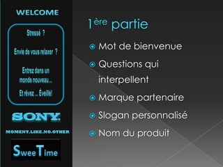 1ère partieMot de bienvenue Questions qui interpellent Marque partenaire Slogan personnaliséNom du produit