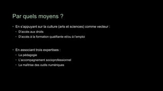 Par quels moyens ?
• En s’appuyant sur la culture (arts et sciences) comme vecteur :
  • D’accès aux droits
  • D’accès à la formation qualifiante et/ou à l’emploi



• En associant trois expertises :
  • La pédagogie
  • L’accompagnement socioprofessionnel
  • La maîtrise des outils numériques
 