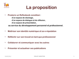 La proposition
• Produire un Reflexbook constitué :
d’un espace de stockage,
d’un espace de dialogue et de réflexion,
d’un espace de présentation,
au service du développement personnel et professionnel.
• Maîtriser son identité numérique et sa e-réputation
• Réfléchir sur son travail en tant que professionnel
• Collaborer et communiquer avec les autres
• Présenter et actualiser ses publications
25/05/2012 PROJET INSERTION 5
 