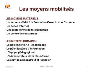 Les moyens mobilisés
LES MOYENS MATÉRIELS :
•Un serveur dédié à la Formation Ouverte et A Distance
•Un accès Internet
•Une plate-forme de téléformation
•Un centre de ressources
LES MOYENS HUMAINS :
•Le pôle Ingénierie Pédagogique
•Le pôle Système d’Information
•L’équipe pédagogique
•L’administrateur de la plate-forme
•Le service administratif et financier
25/05/2012 PROJET INSERTION 8
 