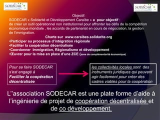 Objectif:SODECAR « Solidarité et Développement Caraïbe » a  pour objectif :de créer un outil opérationnel non institutionnel pour affronter les défis de la compétition économique mondiale , les accords de partenariat en cours de négociation, la gestion de l’immigration.Charte sur  www.caraibes.solidarite.orgParticiper au processus d’intégration régionale