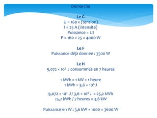Démarche
Le G
U = 160 v (tension)
I = 25 A (intensité)
Puissance = UI
P = 160 × 25 = 4000 W
Le F
Puissance déjà donnée : 3500 W
Le H
9,072 × 107 J consommés en 7 heures
1 kWh = 1 kW × 1 heure
1 kWh = 3,6 × 106 J
9,072 × 107 J / 3,6 × 106 J = 25,2 kWh
25,2 kWh / 7 heures = 3,6 kW
Puissance en W : 3,6 kW × 1000 = 3600 W
 