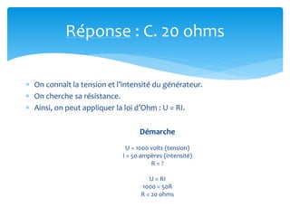  On connaît la tension et l’intensité du générateur.
 On cherche sa résistance.
 Ainsi, on peut appliquer la loi d’Ohm : U = RI.
Réponse : C. 20 ohms
Démarche
U = 1000 volts (tension)
I = 50 ampères (intensité)
R = ?
U = RI
1000 = 50R
R = 20 ohms
 