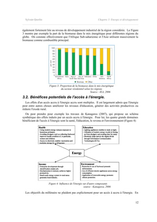 Sylvain Quoilin Chapitre 3: Energie et développement
également fortement liée au niveau de développement industriel de la région considérée. La Figure
3 montre par exemple la part de la biomasse dans le mix énergétique pour différentes régions du
globe. On constate effectivement que l'Afrique Sub-saharienne et l'Asie utilisent massivement la
biomasse comme combustible principal.
3.2. Bénéfices potentiels de l'accès à l'énergie.
Les effets d'un accès accru à l'énergie accru sont multiples. Il est largement admis que l'énergie
peut entre autres choses améliorer les niveaux d'éducation, générer des activités productives ou
réduire l'exode rural.
On peut prendre pour exemple les travaux de Kanagawa (2007), qui propose un schéma
synthétique des effets induits par un accès accru à l'énergie. Pour lui, les quatre grands domaines
bénéficiant de l'accès à l'énergie sont la santé, l'éducation, le revenu et l'environnement (Figure 4)
Les objectifs du millénaire ne plaident pas explicitement pour un accès à accru à l'énergie. En
12
Figure 3: Proportion de la biomasse dans le mix énergétique
du secteur résidentiel selon les régions
Source : IEA, 2006
Figure 4: Influence de l'énergie sur d'autre composants
source : Kanagawa, 2006
 