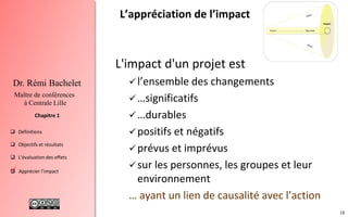 18
 Définitions
 Objectifs et résultats
 L'évaluation des effets
 Apprécier l’impact
Chapitre 1
Dr. Rémi Bachelet
Maître de conférences
à Centrale Lille
L’appréciation de l’impact
L'impact d'un projet est
l’ensemble des changements
…significatifs
…durables
positifs et négatifs
prévus et imprévus
sur les personnes, les groupes et leur
environnement
… ayant un lien de causalité avec l’action
.
 