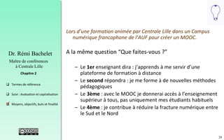 28
 Termes de référence
 Suivi : évaluation et capitalisation
 Moyens, objectifs, buts et finalité
Chapitre 2
Dr. Rémi Bachelet
Maître de conférences
à Centrale Lille
Lors d’une formation animée par Centrale Lille dans un Campus
numérique francophone de l’AUF pour créer un MOOC.
A la même question “Que faites-vous ?”
– Le 1er enseignant dira : j’apprends à me servir d’une
plateforme de formation à distance
– Le second répondra : je me forme à de nouvelles méthodes
pédagogiques
– Le 3ème : avec le MOOC je donnerai accès à l’enseignement
supérieur à tous, pas uniquement mes étudiants habituels
– Le 4ème : je contribue à réduire la fracture numérique entre
le Sud et le Nord
.
 