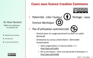 3
Dr. Rémi Bachelet
Maître de conférences
à Centrale Lille
 Objectifs de la formation
 Concepts-clés
 Le cycle des opérations
Cours sous licence Creative Commons
• Paternité : citer l’auteur Partage : sous
licence identique
• Pas d’utilisation commerciale
– Gratuit pour un usage personnel ou dans un cadre
bénévole
– Entreprise ou cursus universitaire : Demander
l’autorisation
• Votre organisation a-t-elle les droits ? =>
http://goo.gl/s2yRtv
• RH ou formateur : Faire une demande d’utilisation =>
http://goo.gl/2uGj8s
Images : cc-by source
 