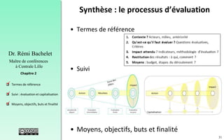 31
 Termes de référence
 Suivi : évaluation et capitalisation
 Moyens, objectifs, buts et finalité
Chapitre 2
Dr. Rémi Bachelet
Maître de conférences
à Centrale Lille
Synthèse : le processus d’évaluation
.
• Termes de référence
• Suivi
• Moyens, objectifs, buts et finalité
.
.
 