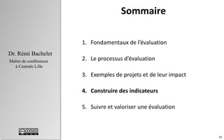 39
Dr. Rémi Bachelet
Maître de conférences
à Centrale Lille
Sommaire
1. Fondamentaux de l’évaluation
2. Le processus d’évaluation
3. Exemples de projets et de leur impact
4. Construire des indicateurs
5. Suivre et valoriser une évaluation
 