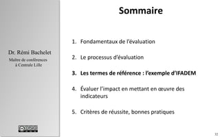 32
Dr. Rémi Bachelet
Maître de conférences
à Centrale Lille
Sommaire
1. Fondamentaux de l’évaluation
2. Le processus d’éva...