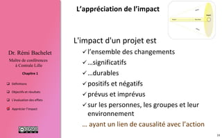 18
 Définitions
 Objectifs et résultats
 L'évaluation des effets
 Apprécier l’impact
Chapitre 1
Dr. Rémi Bachelet
Maître de conférences
à Centrale Lille
L’appréciation de l’impact
L'impact d'un projet est
 l’ensemble des changements
 …durables
 positifs et négatifs
 prévus et imprévus
 sur les personnes, les groupes et
l’environnement
… ayant un lien de causalité avec le projet
 