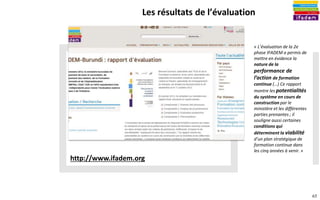 65
 Les critères
 À quoi sert l’évaluation?
 Bonnes pratiques
Chapitre 4
Dr. Rémi Bachelet
Maître de conférences
à Centrale Lille
Pour un projet sur lequel vous travaillez, mettez en œuvre un
tableau de bord avec des indicateurs : limitez-vous à la
valorisation du projet.
• Faire connaitre et diffuser les accomplissements du projet
Partagez votre travail, commentez et découvrez les travaux
des autres apprenants :
• Sur le fil de discussion (MOOC/SPOC)
• Sur les communautés :
• Facebook, Google+, Twitter #Gestiondeprojet.pm
Utilisez #SuiviEvaluation
Quiz
Réflexion et questions
 