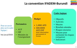 8
La convention IFADEM-Burundi
Partenaires
• AUF
• OIF
• Ministère de
l’enseignement
Budget
• 1,4M€ AFD
• 400.000€
AUF/OIF
dont valorisation
personnels et
locaux
Cadre logique
• Objectifs
• Activités
• Moyens
• Résultats attendus
• Risques encourus
• Moyens pour
surmonter les risques
(mitigation)
• Indicateurs
Pour en savoir
plus sur le cadre
logique :
http://goo.gl/fZlSZ6
 