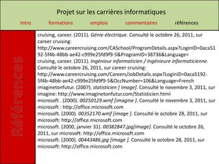 Projet sur les carrières informatiques
Intro        formations         emplois        commentaires           références

        cruising, career. (2011). Génie électrique. Consulté le octobre 26, 2011, sur
        career cruising:
        http://www.careercruising.com/CASchool/ProgramDetails.aspx?LoginID=0aca51
        92-5f4b-48bb-ae42-c999e25fd9f9-5&ProgramID=38736&Language=
        cruising, career. (2011). Ingénieur informaticien / Ingénieure informaticienne.
        Consulté le octobre 26, 2011, sur career cruising:
        http://www.careercruising.com/Careers/JobDetails.aspx?LoginID=0aca5192-
        5f4b-48bb-ae42-c999e25fd9f9-5&OccNumber=106&Language=French
        imaginetonfutur. (2007). statisticien [ image]. Consulté le novembre 3, 2011, sur
        imagine: http://www.imaginetonfutur.com/Statisticien.html
        microsoft . (2000). 00250129.wmf [imagine ]. Consulté le novembre 3, 2011, sur
        microsoft : http://office.microsoft.com
        microsoft. (2000). 00352170.wmf [image ]. Consulté le octobre 28, 2011, sur
        microsoft: http://office.microsoft.com
        microsoft. (2000, janvier 31). 00382847.jpg[image]. Consulté le octobre 26,
        2011, sur microsoft: http://office.microsoft.com
        microsoft. (2000). 00443486.jpg [image ]. Consulté le octobre 28, 2011, sur
        microsoft: http://office.microsoft.com
 