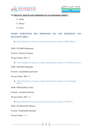 29
16. Quel est le degré de votre satisfaction sur vos recrutements réalisés ?
 Faible
 Moyen
 Elevé
FICHES D’IDENTITES DES PERSONNES QUI ONT REMPLIENT LES
QUESTIONNAIRES :
Fiche d’identité de celui qui a rempli le questionnaire adressé à «BMCE Bank »:
NOM : OUARDI Mohammed
Fonction : Directeur d’agence
Niveau d’étude : BAC +5
Fiche d’identité de celui qui a rempli le questionnaire adressé à «CEGAM Assurance»
NOM : MOUMEN Mustapha
Fonction : responsable de personnel
Niveau d’étude : BAC +5
Fiche d’identité de celui qui a rempli le questionnaire adressé à «Crédit agricole
Maroc »
NOM : IBENLKIHAL Nezha
Fonction : Assistance direction
Niveau d’étude : BAC + 3
Fiche d’identité de celui qui a rempli le questionnaire adressé à «ANAPEC»
NOM : GUARGACHY Meryem
Fonction : Responsable personnel
Niveau d’étude : ------
 