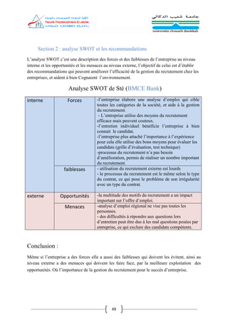 49
Section 2 : analyse SWOT et les recommandations
L’analyse SWOT c’est une description des forces et des faiblesses de l’entreprise au niveau
interne et les opportunités et les menaces au niveau externe, l’objectif de celui est d’établir
des recommandations qui peuvent améliorer l’efficacité de la gestion du recrutement chez les
entreprises, et aident à bien Cognaient l’environnement.
Analyse SWOT de Sté (BMCE Bank)
interne Forces -l’entreprise élabore une analyse d’emploi qui cible
toutes les catégories de la société, et aide à la gestion
du recrutement.
- L’entreprise utilise des moyens du recrutement
efficace mais peuvent couteux.
-l’entretien individuel bénéficie l’entreprise à bien
connait le candidat.
-l’entreprise plus attaché l’importance à l’expérience
pour cela elle utilise des bons moyens pour évaluer les
candidats (grille d’évaluation, test technique)
-processus du recrutement n’a pas besoin
d’amélioration, permis de réaliser un nombre important
du recrutement.
faiblesses - utilisation du recrutement externe est lourds
- le processus du recrutement est le même selon le type
du contrat, ce qui pose le problème de son irrégularité
avec un type du contrat.
externe Opportunités -la multitude des motifs du recrutement a un impact
important sur l’offre d’emploi.
Menaces -analyse d’emploi régional ne vise pas toutes les
personnes.
- des difficultés à répondre aux questions lors
d’entretien peut être dus à les mal questions posées par
entreprise, ce qui exclure des candidats compétents.
Conclusion :
Même si l’entreprise a des forces elle a aussi des faiblesses qui doivent les évitent, ainsi au
niveau externe a des menaces qui doivent les faire face, par la meilleure exploitation des
opportunités. Où l’importance de la gestion du recrutement pour le succès d’entreprise.
 