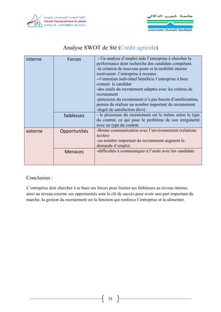 51
Analyse SWOT de Sté (Crédit agricole)
interne Forces - Un analyse d’emploi aide l’entreprise à chercher la
performance dont recherche des candidats compétant.
-la création de nouveau poste et la mobilité interne
motivaient l’entreprise à recruter.
--l’entretien individuel bénéficie l’entreprise à bien
connait le candidat
-des outils du recrutement adaptés avec les critères de
recrutement
-processus du recrutement n’a pas besoin d’amélioration,
permis de réaliser un nombre important du recrutement.
-degré de satisfaction élevé.
faiblesses - le processus du recrutement est le même selon le type
du contrat, ce qui pose le problème de son irrégularité
avec un type du contrat.
externe Opportunités -Bonne communication avec l’environnement (relations
écoles)
-un nombre important du recrutement augment la
demande d’emploi.
Menaces -difficultés à communiquer à l’orale avec les candidats
Conclusion :
L’entreprise doit chercher à se base ses forces pour limiter ses faiblesses au niveau interne,
ainsi au niveau externe ses opportunités sont la clé de succès pour avoir une part important du
marché, la gestion du recrutement est la fonction qui renforce l’entreprise et la alimenter.
 