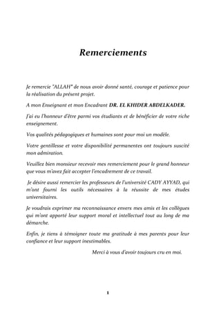1
Remerciements
Je remercie ‟ALLAH″ de nous avoir donné santé, courage et patience pour
la réalisation du présent projet.
A mon Enseignant et mon Encadrant DR. EL KHIDER ABDELKADER.
J’ai eu l’honneur d’être parmi vos étudiants et de bénéficier de votre riche
enseignement.
Vos qualités pédagogiques et humaines sont pour moi un modèle.
Votre gentillesse et votre disponibilité permanentes ont toujours suscité
mon admiration.
Veuillez bien monsieur recevoir mes remerciement pour le grand honneur
que vous m’avez fait accepter l’encadrement de ce travail.
Je désire aussi remercier les professeurs de l’université CADY AYYAD, qui
m’ont fourni les outils nécessaires à la réussite de mes études
universitaires.
Je voudrais exprimer ma reconnaissance envers mes amis et les collègues
qui m’ont apporté leur support moral et intellectuel tout au long de ma
démarche.
Enfin, je tiens à témoigner toute ma gratitude à mes parents pour leur
confiance et leur support inestimables.
Merci à vous d’avoir toujours cru en moi.
 
