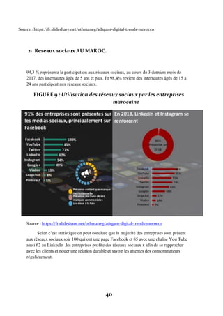 40
Source : https://fr.slideshare.net/othmaneg/adsgam-digital-trends-morocco
2- Reseaux sociaux AU MAROC.
94,3 % représente la participation aux réseaux sociaux, au cours de 3 derniers mois de
2017, des internautes âgés de 5 ans et plus. Et 98,4% revient des internautes âgés de 15 à
24 ans participent aux réseaux sociaux.
FIGURE 9 : Utilisation des réseaux sociaux par les entreprises
marocaine
Source : https://fr.slideshare.net/othmaneg/adsgam-digital-trends-morocco
Selon c’est statistique on peut conclure que la majorité des entreprises sont présent
aux réseaux sociaux soir 100 qui ont une page Facebook et 85 avec une chaîne You Tube
ainsi 62 au LinkedIn .les entreprises profite des réseaux sociaux x afin de se rapprocher
avec les clients et nouer une relation durable et savoir les attentes des consommateurs
régulièrement.
 