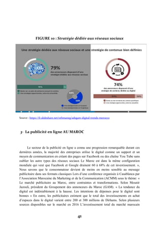 41
FIGURE 10 : Stratégie dédiée aux réseaux sociaux
Source : https://fr.slideshare.net/othmaneg/adsgam-digital-trends-morocco
3- La publicité en ligne AU MAROC
Le secteur de la publicité en ligne a connu une progression remarquable durant ces
dernières années, la majorité des entreprises utilise le digital comme un support et un
moyen de communication en créant des pages sur Facebook ou des chaîne You Tube sans
oublier les autre types des réseaux sociaux Le Maroc est dans la même configuration
mondiale qui veut que Facebook et Google drainent 60 à 68% de cet investissement. »,
Nous savons que le consommateur devient de moins en moins sensible au message
publicitaire dans ses formats classiques Lors d’une conférence organisée à Casablanca par
l’Association Marocaine du Marketing et de la Communication (ACMM) sous le thème: «
Le marché publicitaire au Maroc, entre contraintes et transformations. Selon Mounir
Jazouli, président du Groupement des annonceurs du Maroc (GAM). « La tendance du
digital est indéniablement à la hausse. Les intentions de dépenses pour le digital sont
bonnes » En outre, les publicitaires estiment que le total des investissements en achat
d’espaces dans le digital varient entre 200 et 300 millions de Dirhams. Selon plusieurs
sources disponibles sur le marché en 2016 L’investissement total du marché marocain
 