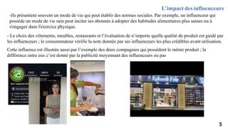 - Le choix des vêtements, meubles, restaurants et l’évaluation de n’importe quelle qualité de produit est guidé par
les influenceurs ; le consommateur vérifie la note donnée par ses influenceurs les plus crédibles avant utilisation.
Cette influence est illustrée aussi par l’exemple des deux compagnies qui possèdent le même produit ; la
différence entre eux c’est donné par la publicité moyennant des influenceurs ou pas
-Ils présentent souvent un mode de vie qui peut établir des normes sociales. Par exemple, un influenceur qui
possède un mode de vie sain peut inciter ses abonnés à adopter des habitudes alimentaires plus saines ou à
s'engager dans l'exercice physique.
L’impact des influenceurs
5
 