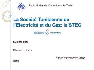 Ecole Nationale d’ingénieurs de Tunis




La Société Tunisienne de
l’Electricité et du Gaz: la STEG


Elaboré par:


Classe:   1 ATEL1


                                     Année universitaire 2012-
2013
 
