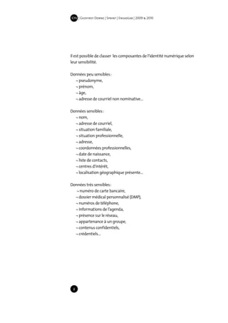 IDN | Geoffrey Dorne | Sprint | EnsadLab | 2009 & 2010




Il est possible de classer les composantes de l’identité numérique selon
leur sensibilité.

Données peu sensibles :
	 ¬ pseudonyme,
  ¬ prénom,
  ¬ âge,
  ¬ adresse de courriel non nominative…

Données sensibles :
  ¬ nom,
  ¬ adresse de courriel,
  ¬ situation familiale,
  ¬ situation professionnelle,
  ¬ adresse,
  ¬ coordonnées professionnelles,
  ¬ date de naissance,
  ¬ liste de contacts,
  ¬ centres d’intérêt,
  ¬ localisation géographique présente…

Données très sensibles :
   ¬ numéro de carte bancaire,
  ¬ dossier médical personnalisé (DMP),
  ¬ numéros de téléphone,
  ¬ informations de l’agenda,
  ¬ présence sur le réseau,
  ¬ appartenance à un groupe,
  ¬ contenus confidentiels,
  ¬ crédentiels…




 8
 