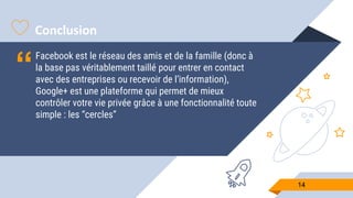 “
Facebook est le réseau des amis et de la famille (donc à
la base pas véritablement taillé pour entrer en contact
avec des entreprises ou recevoir de l’information),
Google+ est une plateforme qui permet de mieux
contrôler votre vie privée grâce à une fonctionnalité toute
simple : les “cercles”
1414
Conclusion
 