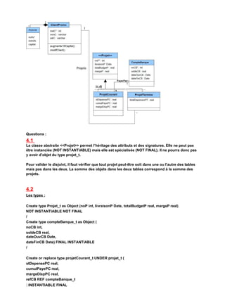 Questions :
4.1
La classe abstraite <<Projet>> permet l’héritage des attributs et des signatures. Elle ne peut pas
être instanciée (NOT INSTANTIABLE) mais elle est spécialisée (NOT FINAL). Il ne pourra donc pas
y avoir d’objet du type projet_t.
Pour valider le disjoint, il faut vérifier que tout projet peut-être soit dans une ou l’autre des tables
mais pas dans les deux. La somme des objets dans les deux tables correspond à la somme des
projets.
4.2
Les types :
Create type Projet_t as Object (noP int, livraisonP Date, totalBudgetP real, margeP real)
NOT INSTANTIABLE NOT FINAL
/
Create type compteBanque_t as Object (
noCB int,
soldeCB real,
dateOuvCB Date,
dateFinCB Date) FINAL INSTANTIABLE
/
Create or replace type projetCourant_t UNDER projet_t (
stDepensePC real,
cumulPayePC real,
margeDispPC real,
refCB REF compteBanque_t
) INSTANTIABLE FINAL
 