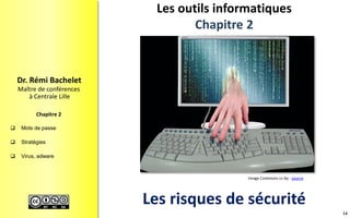  Mots de passe
 Stratégies
 Virus, adware
Maître de conférences
à Centrale Lille
Dr. Rémi Bachelet
Chapitre 2
Les outils informatiques
Chapitre 2
14
Les risques de sécurité
Image Commons cc-by : source
 