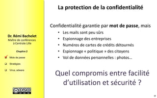  Mots de passe
 Stratégies
 Virus, adware
Maître de conférences
à Centrale Lille
Dr. Rémi Bachelet
Chapitre 2
La protection de la confidentialité
Confidentialité garantie par mot de passe, mais
• Les mails sont peu sûrs
• Espionnage des entreprises
• Numéros de cartes de crédits détournés
• Espionnage « politique » des citoyens
• Vol de données personnelles : photos…
Quel compromis entre facilité
d’utilisation et sécurité ?
15

 