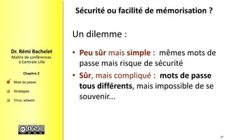  Mots de passe
 Stratégies
 Virus, adware
Maître de conférences
à Centrale Lille
Dr. Rémi Bachelet
Chapitre 2
Sécurité ou facilité de mémorisation ?
Un dilemme :
• Peu sûr mais simple : mêmes mots de
passe mais risque de sécurité
• Sûr, mais compliqué : mots de passe
tous différents, mais impossible de se
souvenir...
17

 