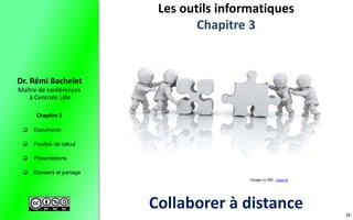  Documents
 Feuilles de calcul
 Présentations
 Dossiers et partage
Maître de conférences
à Centrale Lille
Dr. Rémi Bachelet
Chapitre 3
Les outils informatiques
Chapitre 3
25
Collaborer à distance
Image cc-ND : source
 