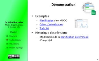  Documents
 Feuilles de calcul
 Présentations
 Dossiers et partage
Maître de conférences
à Centrale Lille
Dr. Rémi Bachelet
Chapitre 3
Démonstration
• Exemples
- Planification d’un MOOC
- Calcul d’actualisation
- Todo list
• Historique des révisions
- Modification de la planification préliminaire
d’un projet
30
 