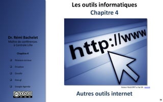  Réseaux sociaux
 Dropbox
 Doodle
 Goo.gl
 Google Agenda
Maître de conférences
à Centrale Lille
Dr. Rémi Bachelet
Chapitre 4
Les outils informatiques
Chapitre 4
38
Autres outils internet
Auteur Rock1997 cc-by-SA : source
 