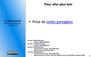 Maître de conférences
à Centrale Lille
Dr. Rémi Bachelet
Pour aller plus loin
• Prise de notes partagées
Version 1 (08/1999) (lien)
• Auteur : Rémi BACHELET
Version 1.1 (03/2012) (lien)
• Auteur : Rémi BACHELET
Version 2 (03/2013) (lien)
• Auteur/mise en forme : Rémi BACHELET
• Mise en forme : Matthieu CISEL
Version 3 (09/2014) (lien)
• Auteur/mise en forme : Rémi BACHELET
• Relecture/mise en forme : Bich Van HOANG, Amaury VAN ESPEN, Ghislaine PARA 60
 