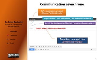  L’essentiel
 Risques
 Gmail
Maître de conférences
à Centrale Lille
Dr. Rémi Bachelet
Chapitre 1
8

Communication asynchrone
To/à = destinataire principal
Réponse / action attendue
Copie carbone : Pour information / pas de réponse attendue
Ou cci : Destinataires confidentiels / beaucoup de destinataires
[Projet Jeukart] Choix date de réunion
Avant tout : un sujet clair
[général] spécifique
 