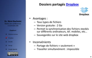  Réseaux sociaux
 Dropbox
 Doodle
 Goo.gl
 Google Agenda
Maître de conférences
à Centrale Lille
Dr. Rémi Bachelet
Cha...