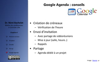  Réseaux sociaux
 Dropbox
 Doodle
 Goo.gl
 Google Agenda
Maître de conférences
à Centrale Lille
Dr. Rémi Bachelet
Cha...