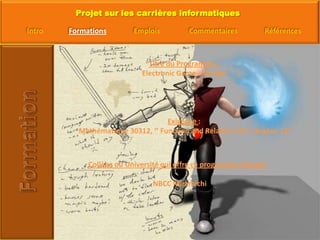 Titre du Programme : Electronic Game – Design Exigence : Mathématique 30312, ‘’ Function and Relation 112 ‘’,Anglais 12eCollège ou Université qui offre ce programme d’étude : NBCC Miramichi