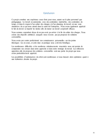16
Conclusion
Ce projet constitue une expérience assez forte pour nous, autant sur le plan personnel que
pédagogique. Le travail en autonomie, avec des contraintes matérielles, des contraintes de
temps, et dans le respect d’un cahier des charges et d’un planning de travail est une vraie
simulation de ce qui nous attend dans le cadre de l’entreprise. Nous avons également apprécié
le fait de devoir se répartir les tâches afin de mener un travail coopératif efficace.
Nous sommes cependant déçus de ne pas avoir pu arriver à la fin du cahier des charges. Nous
avions des objectifs ambitieux auxquels nous n’avons pas pu proposer de solutions
convenables.
Nous avons par contre perfectionné nos connaissances personnelles sur des points
théoriques vus en cours, et cette mise en pratique nous a été très bénéfique.
Les nombreuses difficultés et les nombreux ralentissements rencontrés nous ont permis de
comprendre nos erreurs dans notre approche et dans notre stratégie de travail. Les réflexions
apportées afin de proposer des solutions convenables sont une partie du projet que nous
avons particulièrement apprécié.
Les possibilités d’optimisation du robot sont nombreuses et nous laissent alors optimistes quant à
une réalisation aboutie du projet.
 