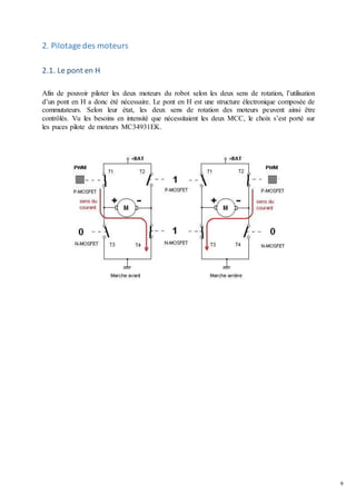 9
2. Pilotage des moteurs
2.1. Le pont en H
Afin de pouvoir piloter les deux moteurs du robot selon les deux sens de rotation, l’utilisation
d’un pont en H a donc été nécessaire. Le pont en H est une structure électronique composée de
commutateurs. Selon leur état, les deux sens de rotation des moteurs peuvent ainsi être
contrôlés. Vu les besoins en intensité que nécessitaient les deux MCC, le choix s’est porté sur
les puces pilote de moteurs MC34931EK.
 