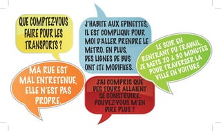 MA RUE EST
MAL ENTRETENUE,
ELLE N’EST PAS
PROPRE.
J’HABITE AUX EPINETTES,
IL EST COMPLIQUÉ POUR
MOI D’ALLER PRENDRE LE
MÉTRO. EN PLUS,
DES LIGNES DE BUS
ONT ÉTÉ MODIFIÉES.
LE SOIR EN
RENTRANT DU TRAVAIL,
JE METS 20 À 30 MINUTES
POUR TRAVERSER LA
VILLE EN VOITURE
QUECOMPTEZ-VOUS
FAIREPOURLES
TRANSPORTS?
J’AI COMPRIS QUE
DES TOURS ALLAIENT
SE CONSTRUIRE.
POUVEZ-VOUS M’EN
DIRE PLUS ?
 