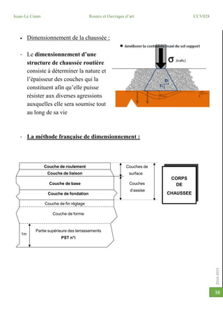2014-2015
Issae-Le Cnam Routes et Ouvrages d’art CCV028
38
 Dimensionnement de la chaussée :
- Le dimensionnement d’une
structure de chaussée routière
consiste à déterminer la nature et
l’épaisseur des couches qui la
constituent afin qu’elle puisse
résister aux diverses agressions
auxquelles elle sera soumise tout
au long de sa vie
- La méthode française de dimensionnement :
CORPS
DE
CHAUSSEE
Couche de roulement
Couche de fin réglage
Couche de liaison
Couches de
surface
Couche de base
d’assise
Couche de fondation
Couche de forme
Partie supérieure des terrassements
PST n°i
(sol support naturel ou remblai)
 